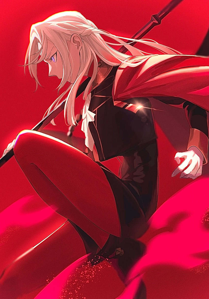 1girl ascot black_footwear blonde_hair cape covered_mouth edelgard_von_hresvelg fire_emblem fire_emblem:_three_houses foot_out_of_frame from_side garreg_mach_monastery_uniform highres holding holding_weapon knee_up long_hair looking_ahead pantyhose profile red_background red_cape red_legwear red_theme shoes solo toho10min violet_eyes weapon white_ascot
