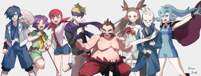 3girls 5boys absurdres bangs belt belt_buckle belt_pouch black_belt black_sweater black_wristband blonde_hair blue_eyes blue_hair blue_kimono bodysuit brown_belt brown_hair buckle bugsy_(pokemon) butterfly_net buttons cane cape chuck_(pokemon) clair_(pokemon) clenched_hands coat collared_shirt commentary_request dress facial_hair falkner_(pokemon) fighting_stance gloves green_dress green_shirt green_shorts hair_bobbles hair_ornament hair_over_one_eye hairclip hand_net headband highres holding holding_butterfly_net holding_cane holding_poke_ball jacket japanese_clothes jasmine_(pokemon) kimono kneehighs leg_up long_hair long_sleeves looking_at_viewer maumaujanken morty_(pokemon) multiple_boys multiple_girls mustache neckerchief open_clothes open_jacket outstretched_hand pants pink_hair poke_ball pokemon pokemon_(game) pokemon_hgss ponytail pouch pryce_(pokemon) purple_hair purple_headband purple_scarf red_pants sash scarf shirt short_hair short_sleeves shorts simple_background sweater topless_male two_side_up violet_eyes white_background white_jacket white_legwear whitney_(pokemon) wristband yellow_neckerchief