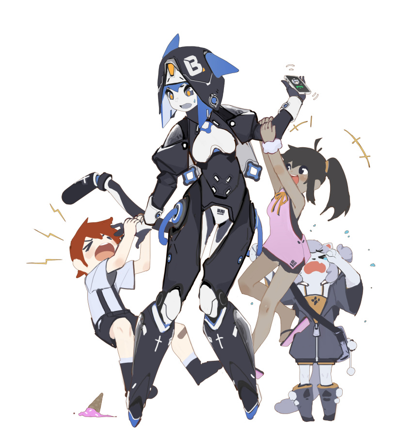 &gt;_&lt; 1boy 3girls absurdres android animal_ears black_eyes black_hair blue_eyes blue_hair brown_hair cellphone child clinging closed_eyes colored_skin crying dark-skinned_female dark_skin dress fang food full_body furry habit highres ice_cream ice_cream_cone ice_cream_cone_spill joints multiple_girls nun open_mouth original phone pink_dress pushu_0w0 robot_joints sandals screaming skin_fang smartphone standing suspenders sweatdrop symbol-only_commentary tail teeth upper_teeth white_background white_skin yellow_pupils