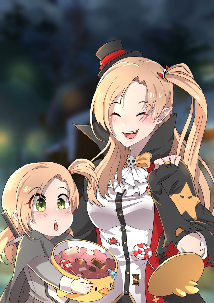 2girls azur_lane bangs black_gloves blonde_hair blurry blurry_background blush bow candy canned_sardines cape cleveland_(azur_lane) cleveland_(reaper_fever)_(azur_lane) closed_eyes commission eyebrows_visible_through_hair eyes_visible_through_hair fingerless_gloves food gloves green_eyes hair_ornament halloween halloween_bucket halloween_costume hat highres jewelry lollipop long_hair long_sleeves mini_hat mini_top_hat mother_and_daughter multiple_girls official_alternate_costume one_side_up pointy_ears ring second-party_source shirt sidelocks skull smile star_(symbol) sword top_hat weapon weapon_on_back wedding_band yellow_bow