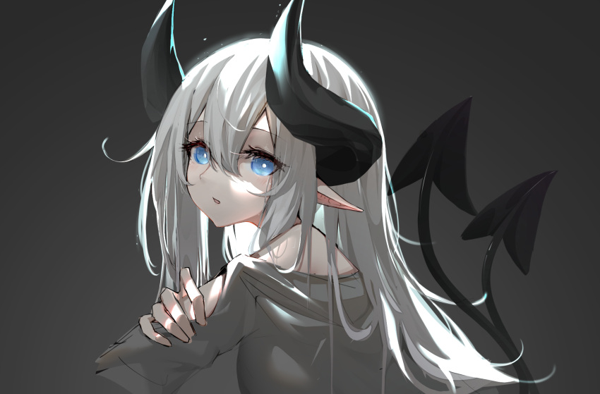 1girl bangs bare_shoulders black_background blue_eyes commentary demon_tail grey_sweater hair_between_eyes highres horns huizhiyin long_hair long_sleeves looking_at_viewer multiple_tails off-shoulder_sweater off_shoulder original parted_lips pointy_ears silver_hair simple_background solo sweater tail two_tails upper_body