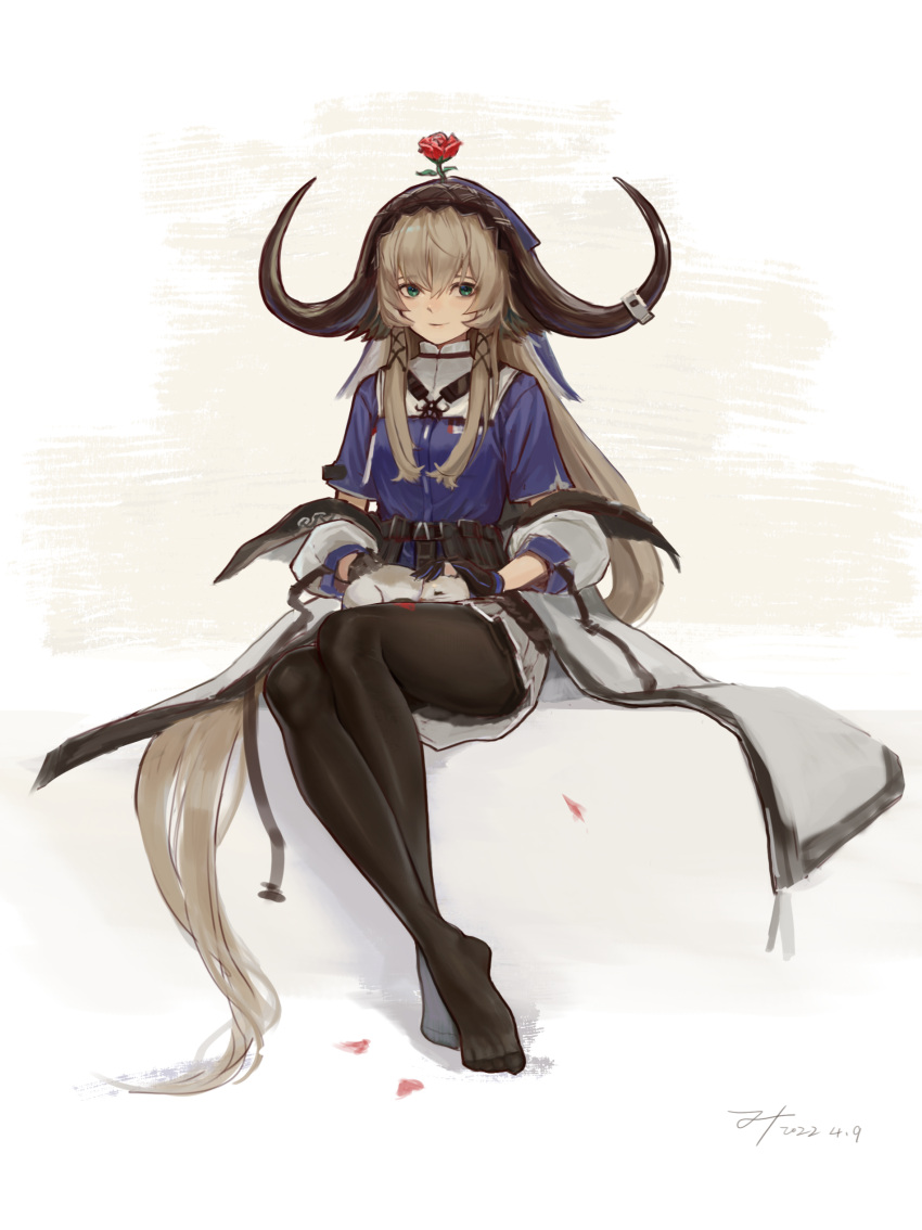 1girl absurdres ahong animal_ears arknights bangs black_gloves black_legwear blue_eyes blue_shirt cat closed_mouth coat cow_ears cow_girl cow_horns dated eyebrows_behind_hair flower full_body gloves highres horns long_hair long_sleeves looking_at_viewer no_shoes open_clothes open_coat pallas_(arknights) petting red_flower red_rose rose shirt sidelocks signature sitting smile solo two-tone_background veil very_long_hair white_background white_cat white_coat yellow_background