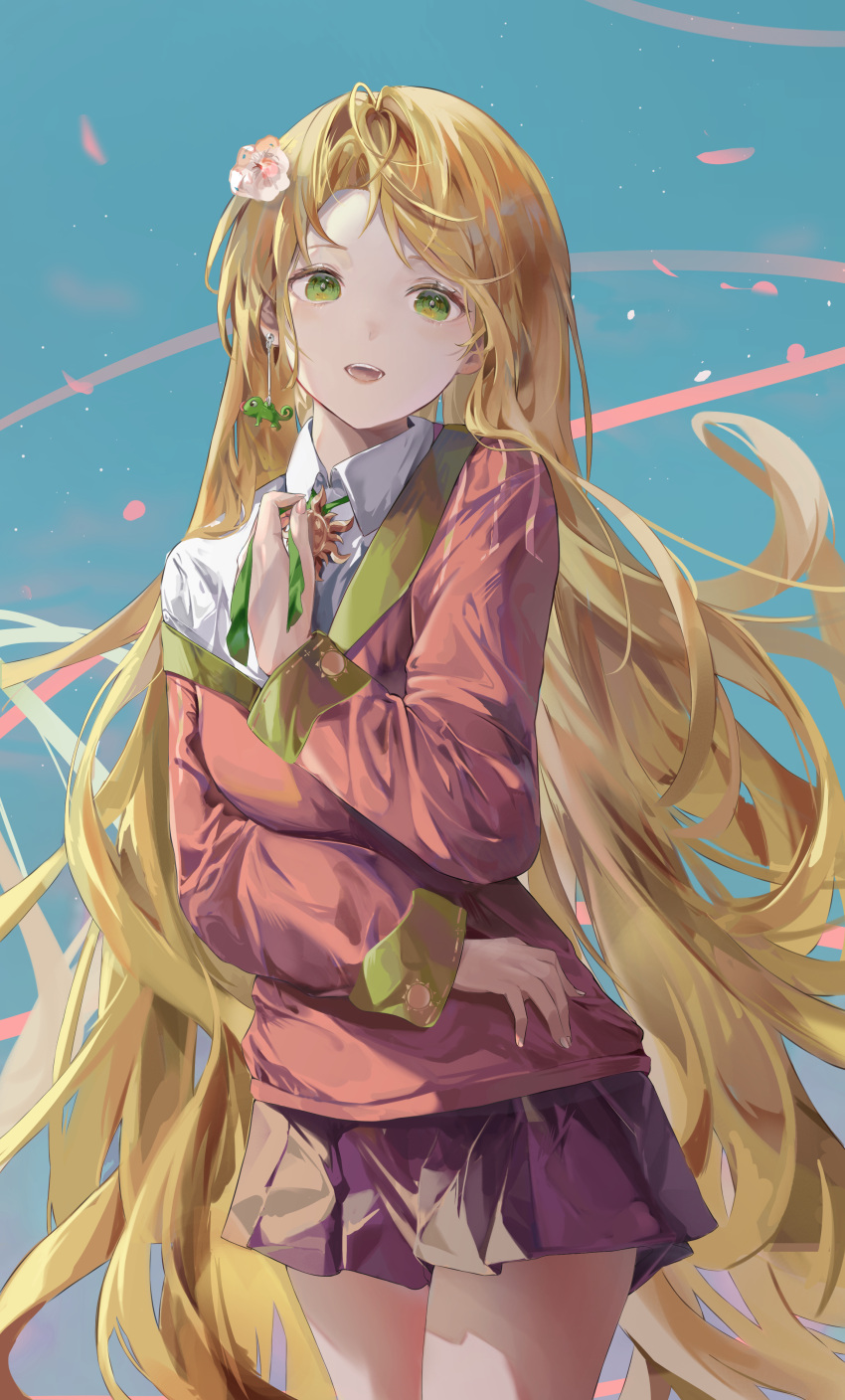 1girl absurdres blonde_hair blue_background breasts collared_shirt flower green_eyes hair_flower hair_ornament highres jenmin12 long_hair long_sleeves looking_at_viewer open_mouth original pink_shirt purple_skirt shirt skirt smile solo very_long_hair