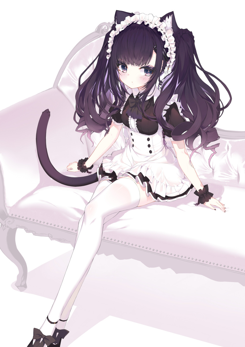 1girl absurdres animal_ear_fluff animal_ears apron bangs black_dress black_eyes black_footwear black_hair blush cat_ears cat_girl cat_tail closed_mouth colored_inner_hair commentary_request couch dress eyebrows_visible_through_hair feet_out_of_frame frilled_apron frills highres looking_at_viewer maid maid_headdress multicolored_hair on_couch original pink_hair puffy_short_sleeves puffy_sleeves shadow shoes short_sleeves sitting tail thigh-highs twintails two-tone_hair white_apron white_background white_legwear wrist_cuffs yuui_hutabakirage