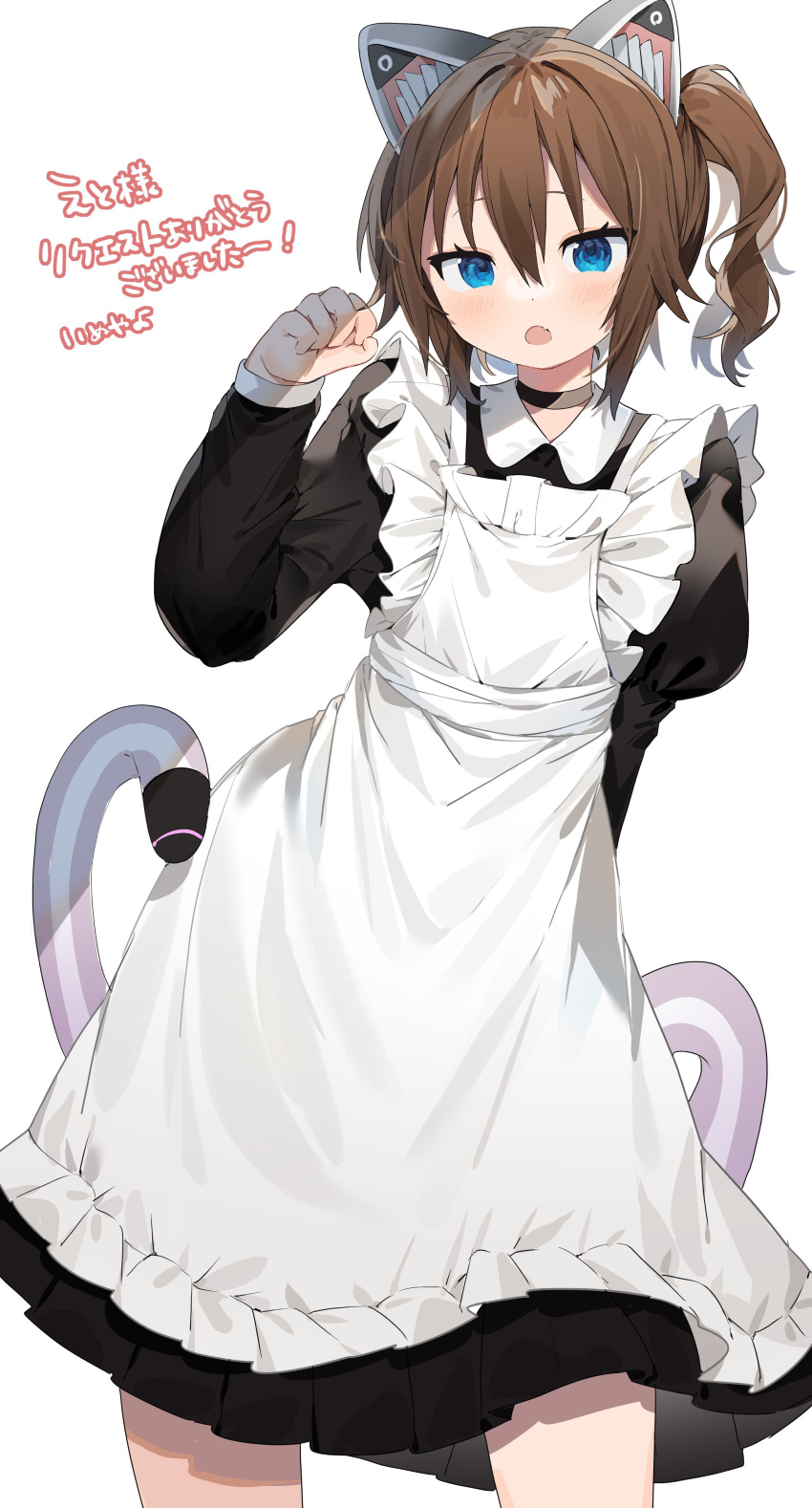 1girl absurdres animal_ears arm_behind_back black_choker blue_eyes blush brown_hair choker fang frills grey_background hair_between_eyes highres inu_(puputizy) long_hair maid mechanical_ears mechanical_tail open_mouth original paw_pose puffy_sleeves side_ponytail simple_background skin_fang solo tail translation_request