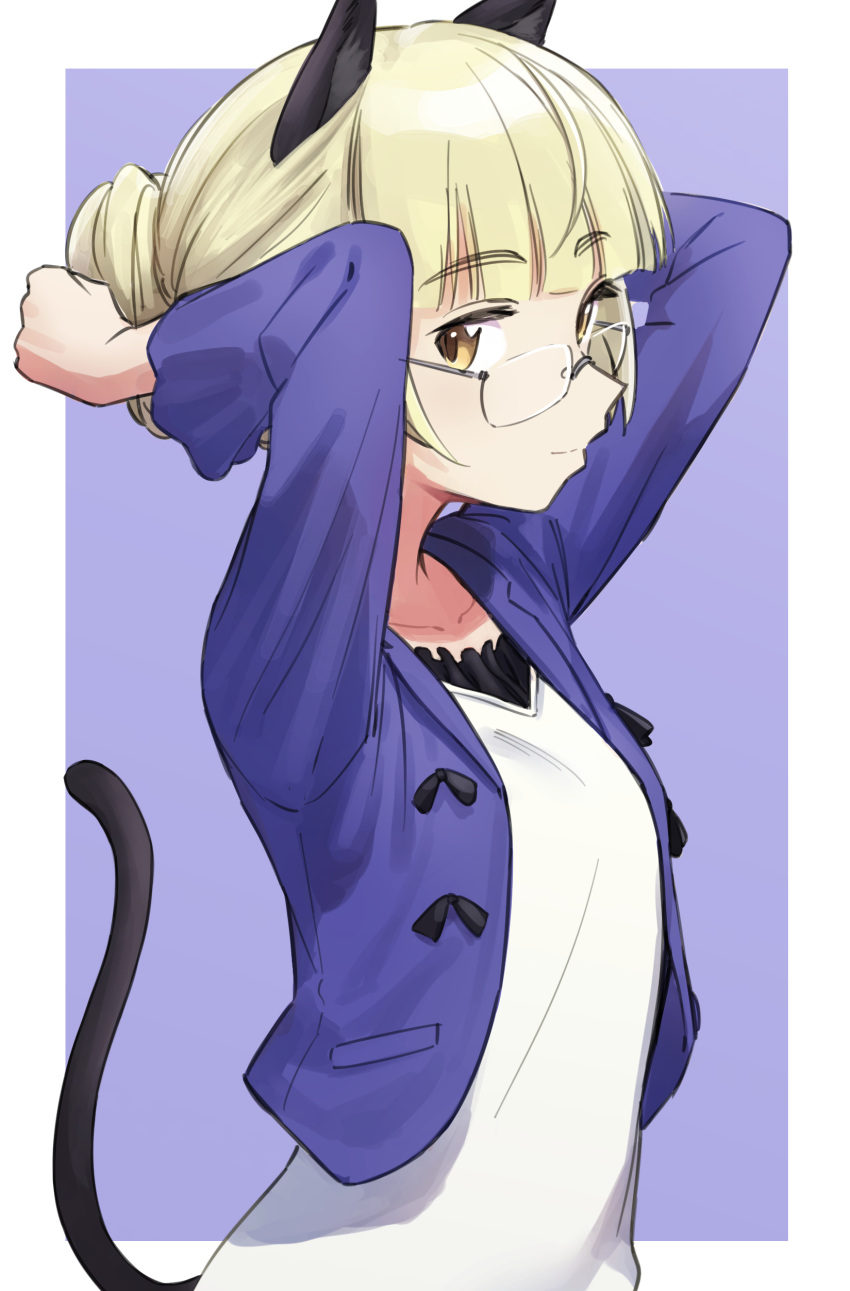 1girl absurdres animal_ears blonde_hair blush breasts cat_ears cat_tail closed_mouth collarbone eyebrows_visible_through_hair fankupl glasses highres looking_at_viewer looking_to_the_side perrine_h._clostermann shiny shiny_hair simple_background small_breasts smile solo strike_witches tail upper_body world_witches_series yellow_eyes