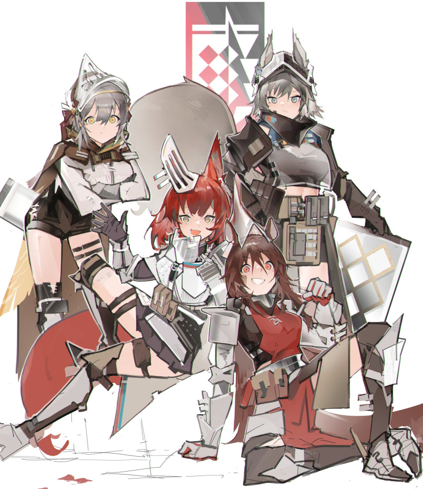 4girls absurdres animal_ears arknights armor armored_boots armored_dress ashlock_(arknights) boots brown_hair fartooth_(arknights) flametail_(arknights) grey_eyes grey_hair highres jumbowhopper long_hair multiple_girls red_eyes redhead shield smile tail thighs wild_mane_(arknights) yellow_eyes