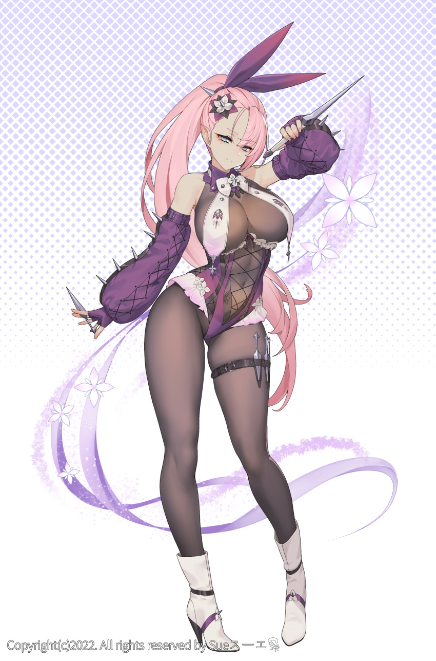 1girl absurdres ass bodysuit boots closed_mouth full_body hair_ornament high_heels highres long_hair looking_at_viewer original pink_hair ponytail smile standing suerte thigh_strap thighs white_footwear