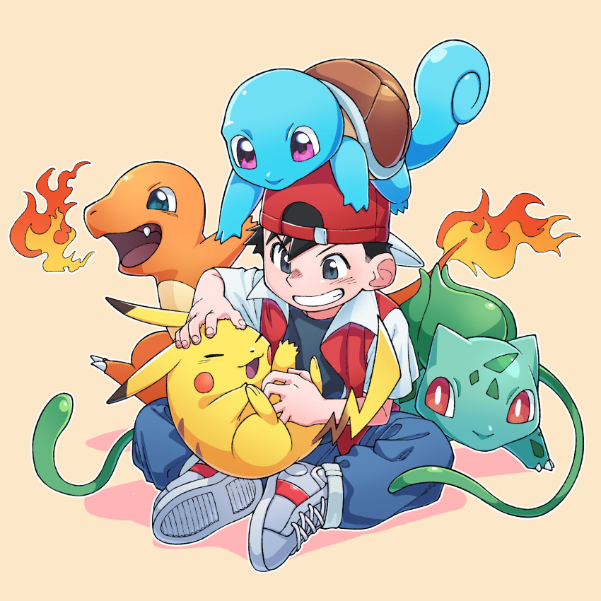 1boy absurdres baseball_cap black_shirt bulbasaur charmander commentary_request denim fang fire flame-tipped_tail hands_on_another's_head hat highres jacket jeans looking_at_another male_focus on_floor pants pikachu pink_background pokemon pokemon_(game) red_(pokemon) red_jacket shell shirt shoes short_hair short_sleeves simple_background sitting squirtle starter_pokemon_trio teeth tickling turtle zumi_mimimi