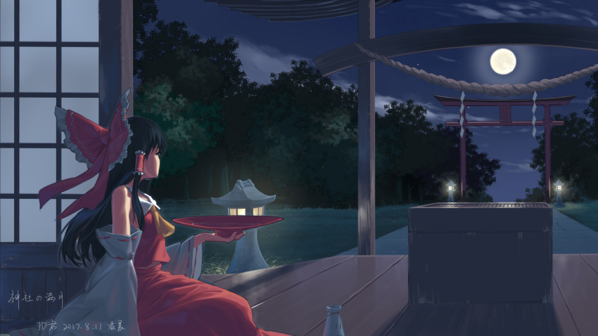 1girl ascot bare_shoulders black_hair bottle bow box clouds collared_shirt commentary cowboy_shot cup detached_sleeves donation_box facial_hair forest frilled_bow frilled_hair_tubes frills full_moon hair_bow hair_tubes hakurei_reimu highres holding holding_cup id_kun leaf long_hair moon nature night night_sky red_bow red_skirt ribbon-trimmed_sleeves ribbon_trim sakazuki sake_bottle shirt sitting skirt skirt_set sky solo star_(sky) stone_lantern torii touhou translation_request tree veranda white_sleeves wide_sleeves yellow_ascot