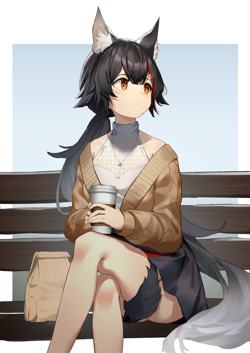 1girl absurdres animal_ears bag bangs bare_legs black_hair brown_cardigan brown_eyes cardigan closed_mouth crossed_legs cup feet_out_of_frame highres holding holding_cup hololive jewelry long_hair looking_away looking_to_the_side multicolored_hair necklace on_bench ookami_mio open_cardigan open_clothes ponytail redhead shirt simple_background sleeveless sleeveless_shirt solo streaked_hair very_long_hair virtual_youtuber wazd0183 white_shirt wolf_ears wolf_girl