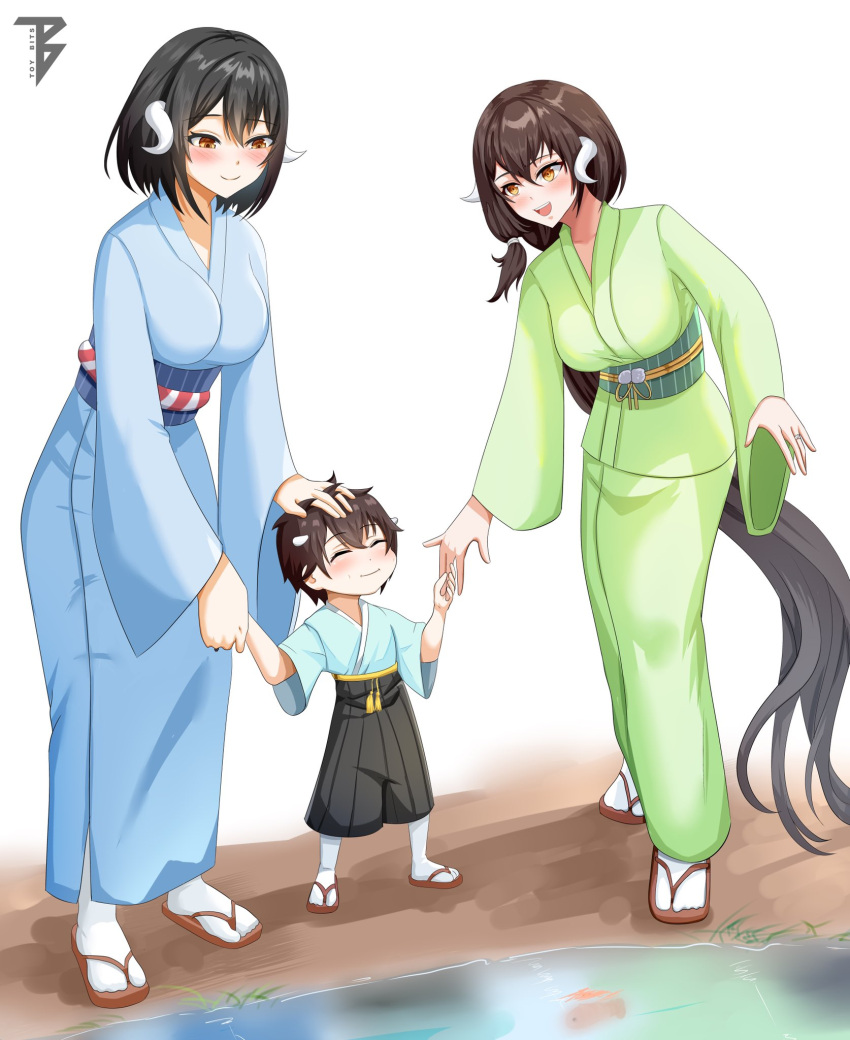 1boy 2girls azur_lane black_hair blue_kimono bob_cut breasts brown_hair closed_eyes closed_mouth commission curled_horns full_body grandmother grandmother_and_grandson green_kimono grey_hair hakama hakama_shorts hand_in_another's_hair hand_on_another's_head highres holding_hands horns japanese_clothes kimono large_breasts long_hair mikasa_(azur_lane) mother_and_daughter mother_and_son multiple_girls obi open_mouth sandals sash second-party_source shorts socks standing tabi toy_bits very_long_hair yellow_eyes