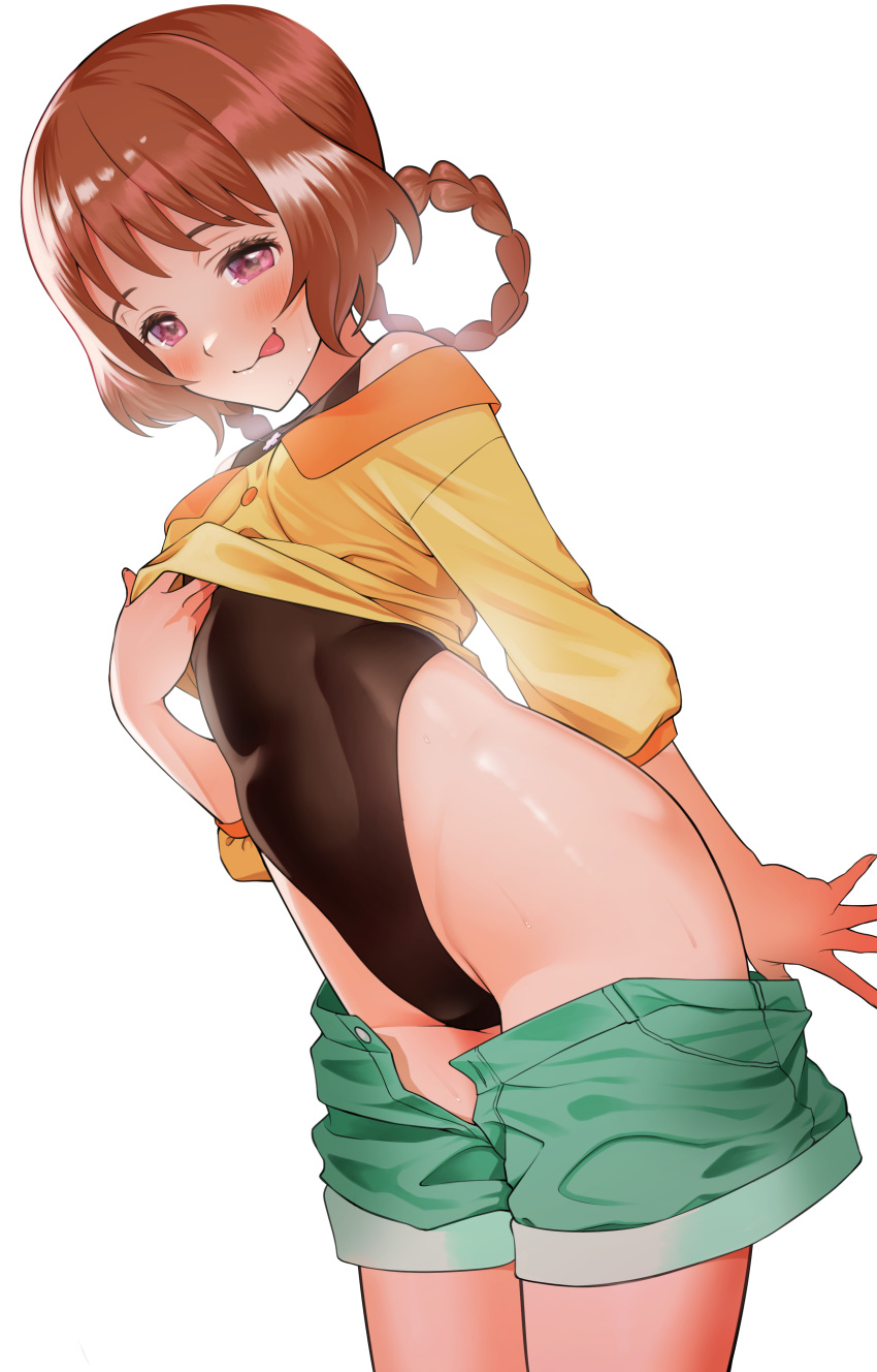 1girl :p absurdres black_leotard blush brown_hair clothes_lift clothes_pull cowboy_shot delicious_party_precure green_shorts hair_rings hanamichi_ran hand_up highleg highleg_leotard highres leotard licking_lips lifted_by_self looking_at_viewer medium_hair nagashii_kouhei off-shoulder_shirt off_shoulder precure pulled_by_self seductive_smile shirt shirt_lift short_shorts shorts shorts_pull simple_background smile solo standing sweat tongue tongue_out violet_eyes white_background yellow_shirt