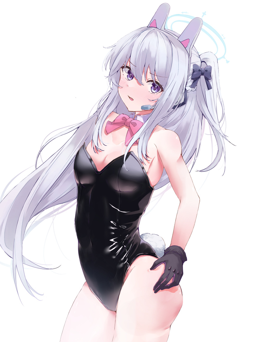 1girl absurdres animal_ear_headphones animal_ears bangs bare_arms bare_legs blue_archive bow bowtie braid breasts detached_collar fake_animal_ears gloves halo highres long_hair miyako_(blue_archive) moruhinesan open_mouth playboy_bunny side_ponytail silver_hair small_breasts violet_eyes white_background