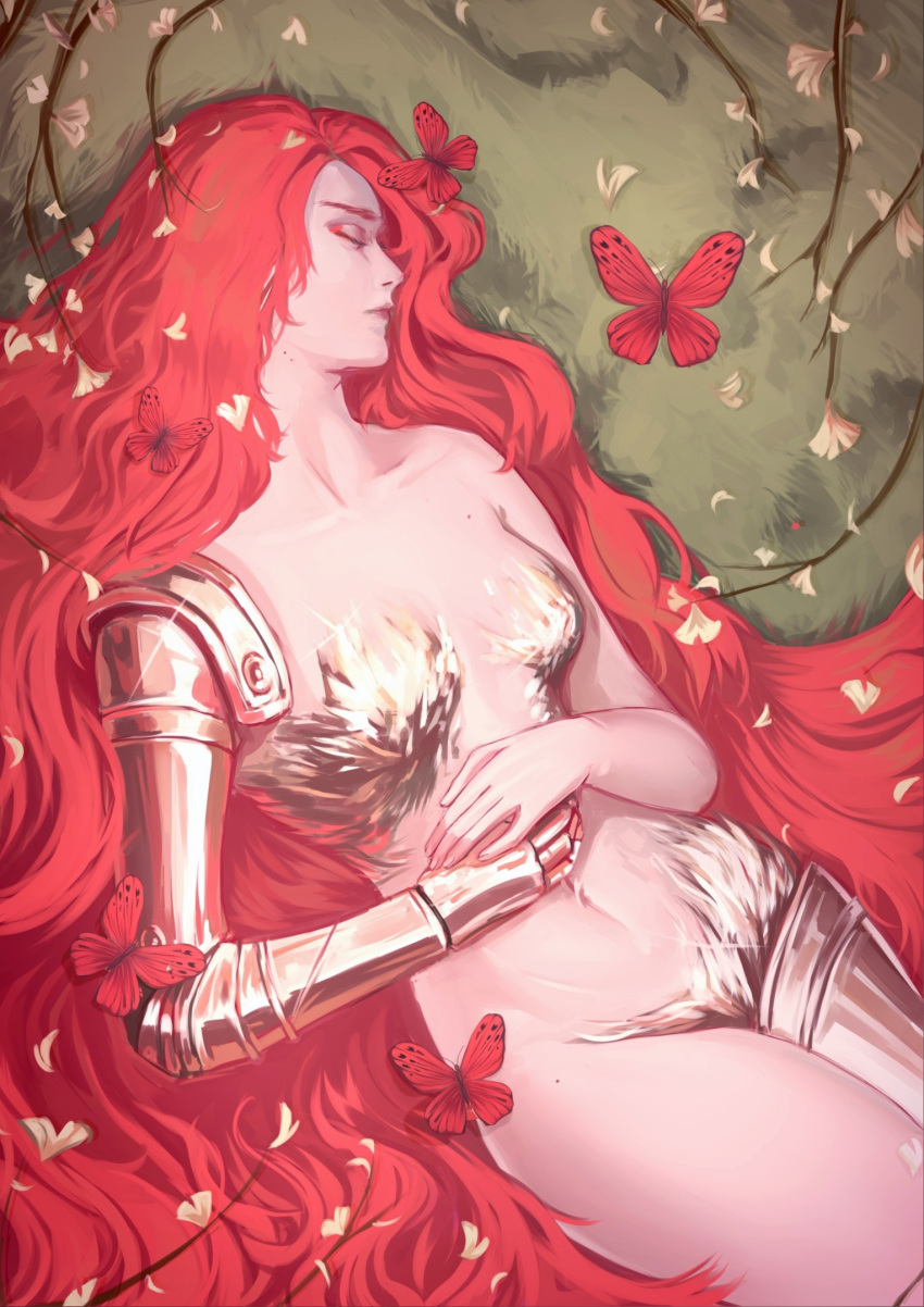 1girl breasts bug butterfly closed_eyes closed_mouth completely_nude elden_ring highres long_hair lying malenia_blade_of_miquella medium_breasts nude on_back own_hands_together prosthesis prosthetic_arm prosthetic_leg red_butterfly sleeping solo thetinynightingale very_long_hair