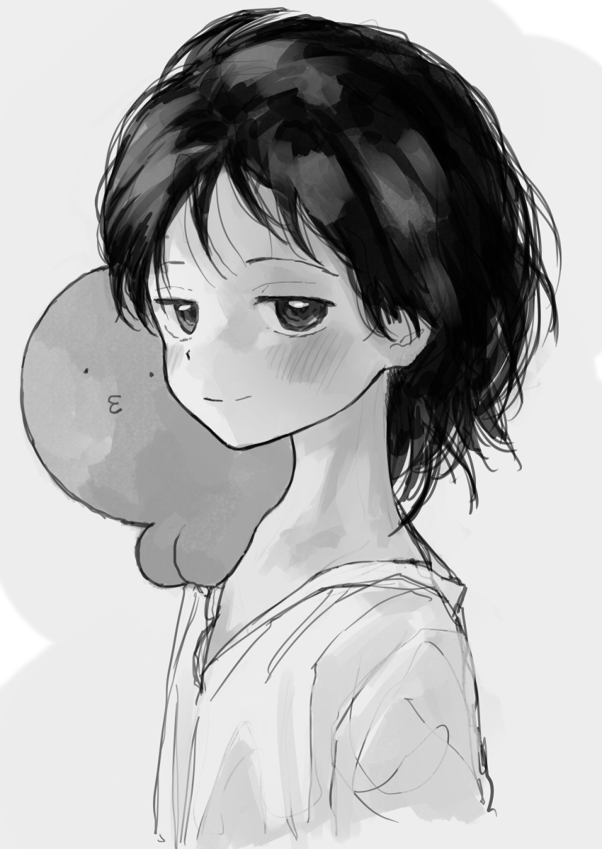 1girl blush creature derivative_work greyscale haguhagu_(rinjuu_circus) highres kuze_shizuka looking_at_viewer monochrome o3o octopus on_shoulder shirt short_hair simple_background sketch smile t-shirt takopii takopii_no_genzai upper_body