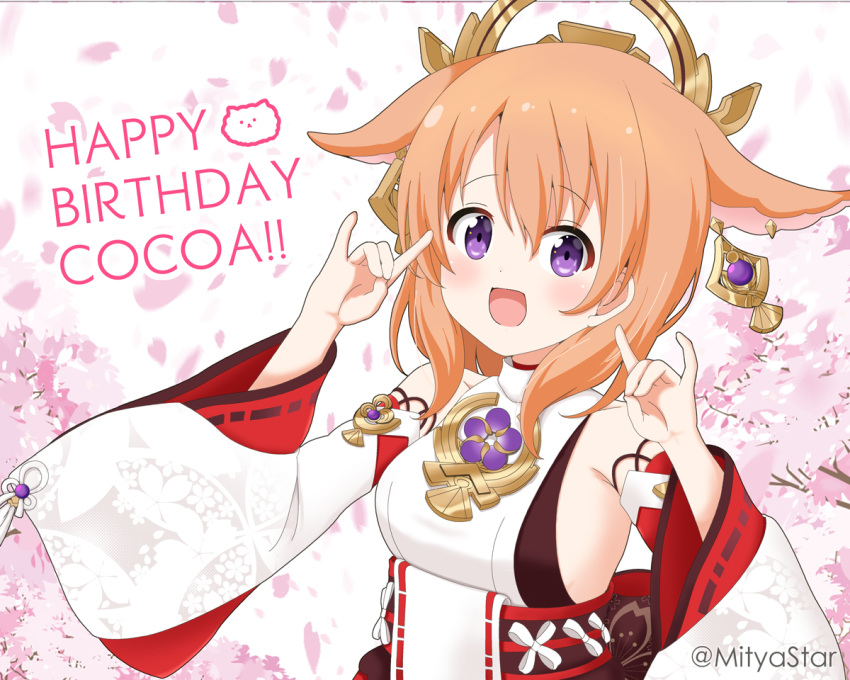 1girl animal_ears bangs breasts brown_hair character_name commentary_request cosplay detached_sleeves double_fox_shadow_puppet eyebrows_visible_through_hair fox_shadow_puppet genshin_impact gochuumon_wa_usagi_desu_ka? hair_between_eyes hands_up happy_birthday hoto_cocoa kemonomimi_mode long_sleeves looking_at_viewer medium_breasts mitya petals shirt sleeveless sleeveless_shirt solo tippy_(gochiusa) twitter_username upper_body violet_eyes white_shirt white_sleeves wide_sleeves yae_miko yae_miko_(cosplay)