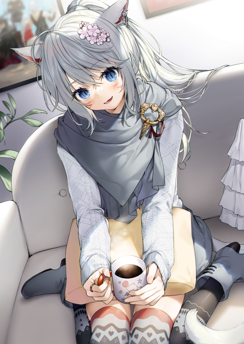 1girl :d absurdres animal_ears bangs black_legwear blue_eyes boots cat_ears cat_girl cat_tail coffee coffee_mug couch cup ear_piercing eyebrows_visible_through_hair facial_mark final_fantasy final_fantasy_xiv flower grey_footwear grey_scarf grey_skirt grey_sweater hair_flower hair_ornament high_heel_boots high_heels highres holding holding_cup indoors jewelry knee_boots long_hair long_sleeves looking_at_viewer miniskirt miqo'te mug on_couch open_mouth painting_(object) piercing pillow pink_flower ponytail print_legwear ring scarf silver_hair skirt sleeves_past_wrists slit_pupils smile solo steam sweater tail thigh-highs very_long_hair whisker_markings yana_mori