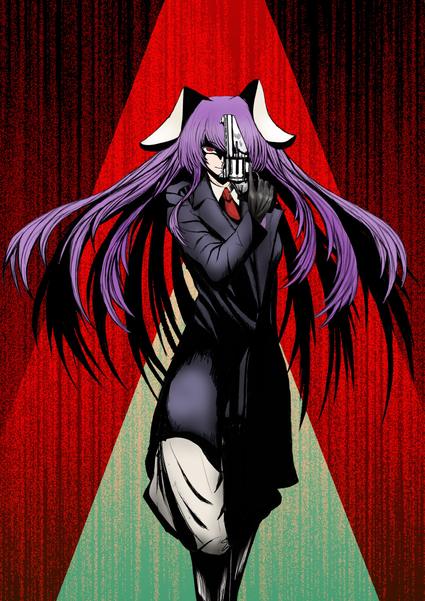 1girl absurdres animal_ears black_gloves boots cargo_pants cocked_hammer eyebrows_visible_through_hair formal gloves gun hair_over_one_eye highres long_hair necktie pants purple_hair rabbit_ears red_background red_eyes red_necktie reisen_udongein_inaba revolver serious shadow solo spotlight suit suit_jacket touhou trigger_discipline weapon weedhollow_(dokuran)