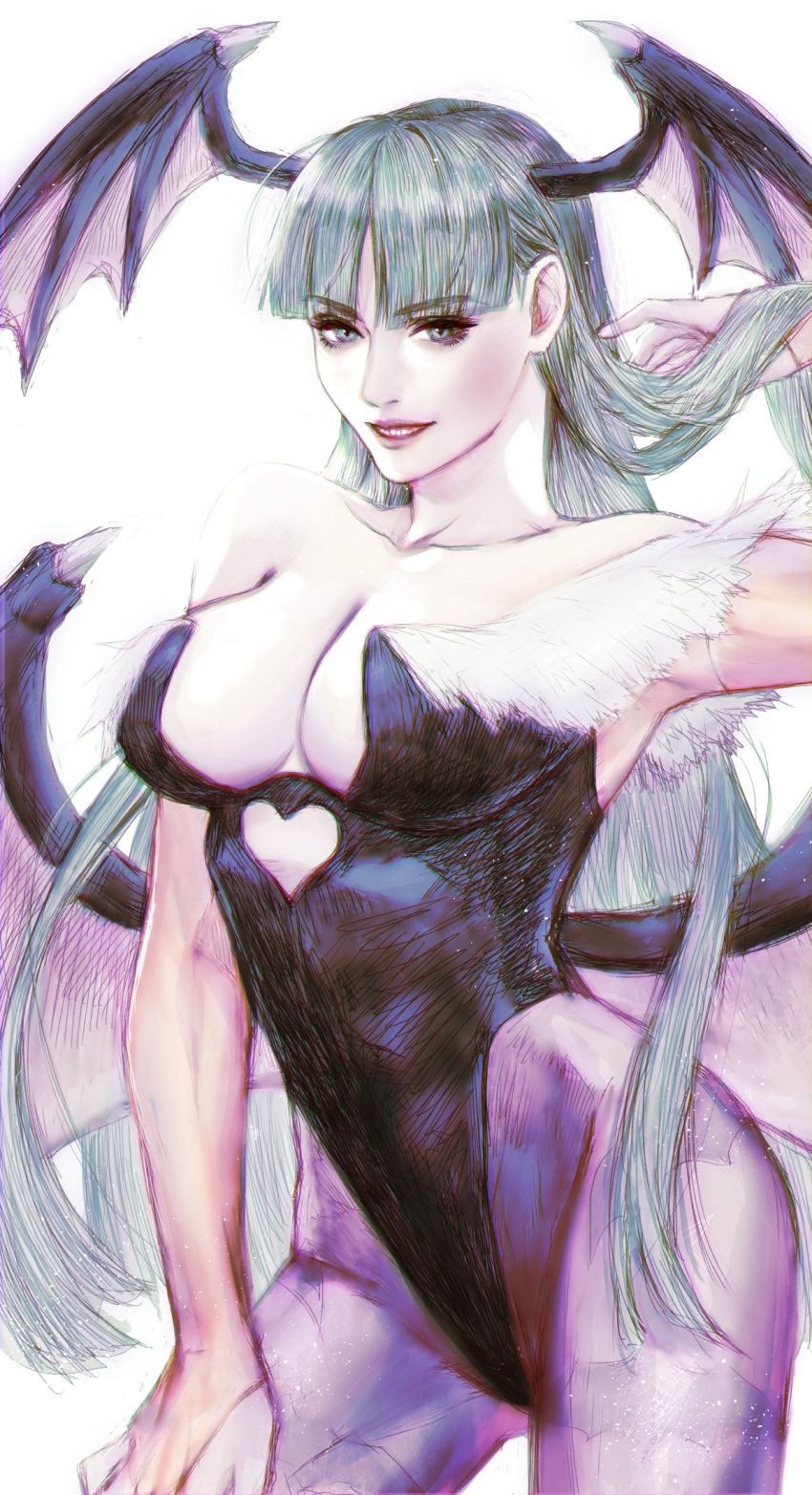 1girl animal_print aqua_eyes bare_shoulders bat_print bridal_gauntlets clothing_cutout collarbone demon_wings eyebrows_visible_through_hair eyelashes fur_trim green_hair hand_in_own_hair hatching_(texture) heart heart_cutout highres long_hair low_wings morrigan_aensland noie_(neunteedelstein) parted_lips pink_lips sharp_teeth simple_background sketch slit_pupils smile solo teeth vampire_(game) white_background wings