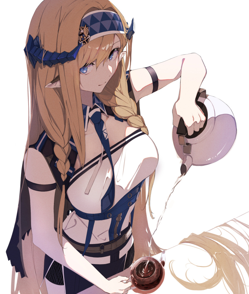 1girl absurdly_long_hair arknights arm_strap arm_up bare_shoulders belt black_skirt blonde_hair blue_eyes blue_hairband blue_necktie braid breasts closed_mouth cowboy_shot dragon_horns from_above hairband highres horns karasuri large_breasts long_hair looking_at_viewer looking_up miniskirt necktie pointy_ears saileach_(arknights) shirt skirt sleeveless sleeveless_shirt smile solo teapot twin_braids very_long_hair white_shirt