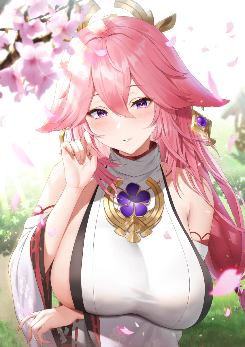 1girl animal_ears arm_under_breasts bare_shoulders blue_eyes blush breast_hold breasts cherry_blossoms day detached_sleeves fox_ears futon_fly_away genshin_impact hair_ornament highres large_breasts long_hair long_sleeves looking_at_viewer outdoors parted_lips petals pink_hair sideboob smile solo upper_body very_long_hair wide_sleeves yae_miko