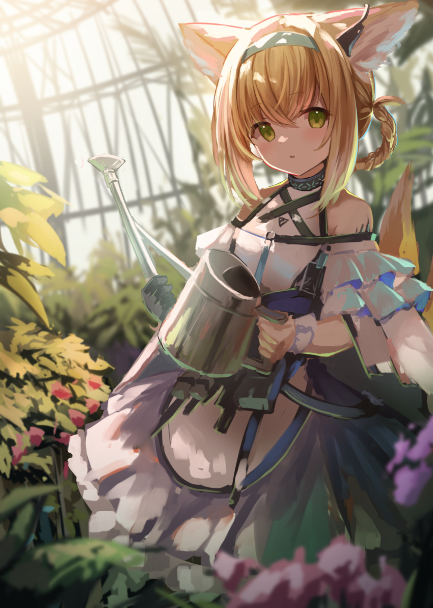 1girl animal_ear_fluff animal_ears arknights bangs bare_shoulders belt_pouch black_gloves blonde_hair blue_headband commentary_request dress earpiece fox_ears fox_tail frilled_dress frills gloves green_eyes greenhouse hair_between_eyes hair_rings halterneck headband highres holding id_card infection_monitor_(arknights) kyuubi leaf looking_at_viewer multiple_tails off-shoulder_dress off_shoulder oripathy_lesion_(arknights) plant pouch purple_dress shoa_tksm single_glove solo suzuran_(arknights) tail watering_can wrist_cuffs