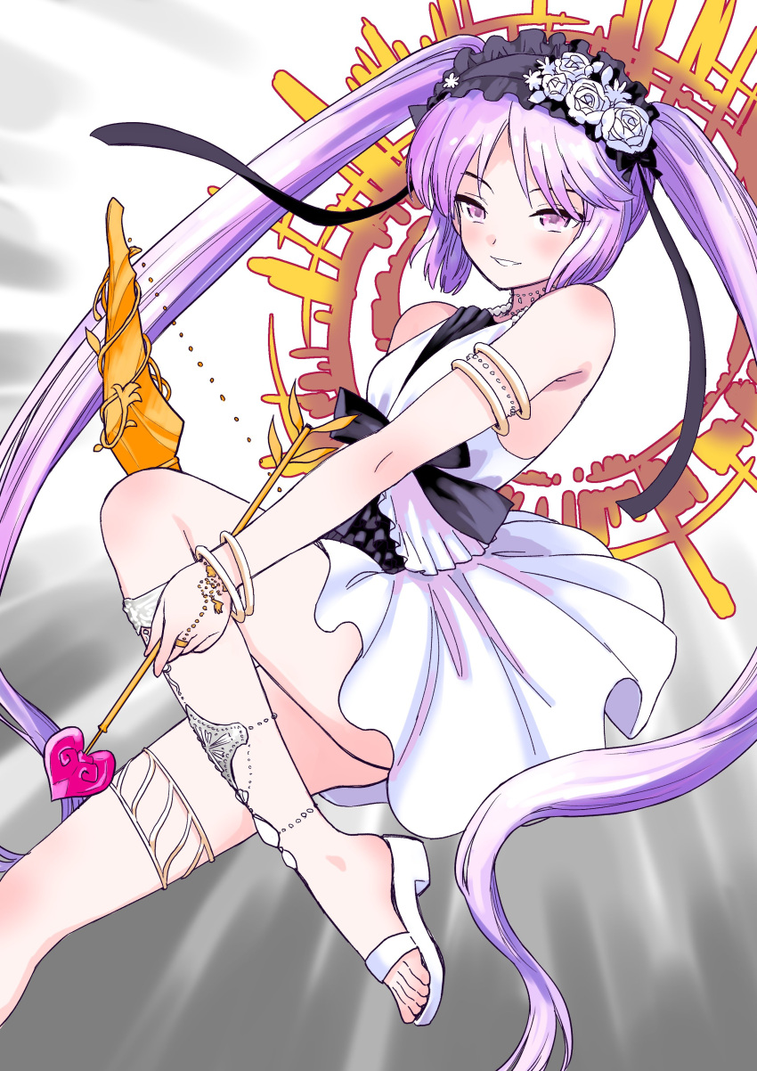 1girl absurdres armlet arrow_(projectile) bare_shoulders black_bow blush bow bow_(weapon) dress euryale_(fate) euryale_(third_ascension)_(fate) fate/grand_order fate/hollow_ataraxia fate_(series) flower gold_bracelet grey_background hairband highres holding holding_arrow holding_bow_(weapon) holding_weapon long_hair looking_at_viewer parted_lips purple_hair rose sabaku_chitai sandals smile solo twintails very_long_hair violet_eyes weapon white_dress white_flower white_footwear white_rose