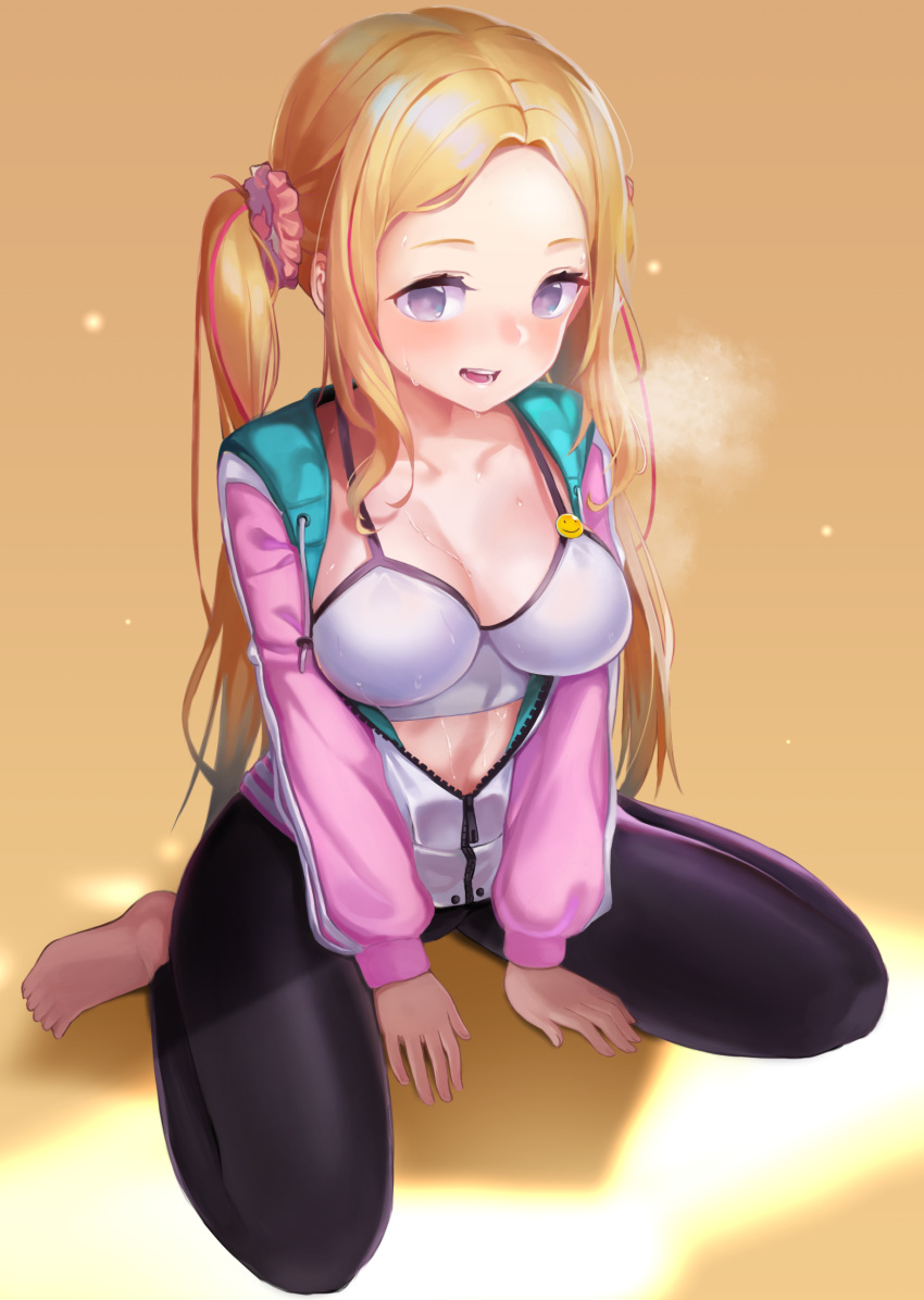 1girl adella_(some_some_convenience_store) barefoot bikini bikini_top_only black_legwear blonde_hair blush breasts breath hair_ornament hair_scrunchie highres jacket large_breasts leggings long_hair long_sleeves looking_at_viewer multicolored_hair navel open_clothes open_jacket open_mouth pink_jacket pink_scrunchie scrunchie sitting solo some_some_convenience_store streaked_hair sweat swimsuit taena unzipped very_long_hair violet_eyes wariza white_bikini zipper zipper_pull_tab