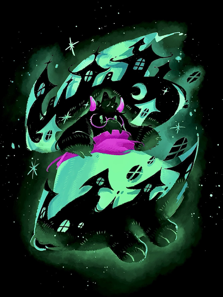 1boy black_background building deltarune full_body furry g_c_hori glasses green_eyes green_robe hat highres horns male male_only pink_horns pink_scarf ralsei scarf solo standing window wizard_hat