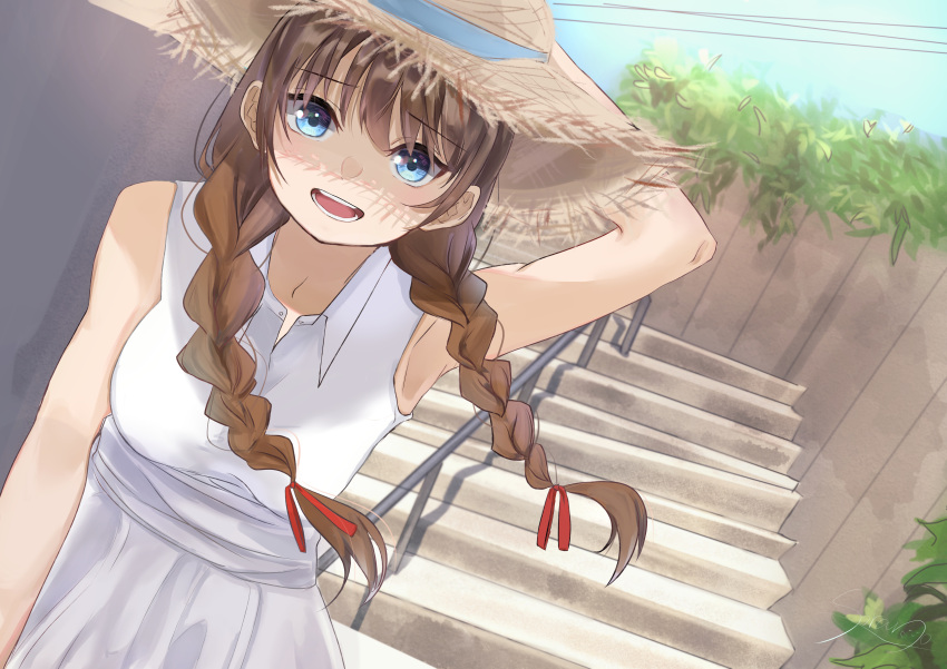 1girl :d absurdres arm_up blue_eyes blue_sky braid day dress dutch_angle hat highres original outdoors red_ribbon ribbon sky sleeveless sleeveless_dress smile sorano_0617 stairs straw_hat summer twin_braids twintails white_dress