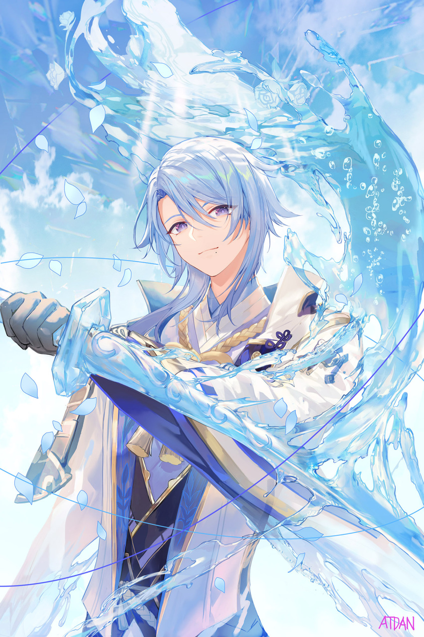 1boy artist_name atdan bangs blue_hair closed_mouth genshin_impact hair_between_eyes hand_up highres holding holding_sword holding_weapon kamisato_ayato liquid liquid_weapon mole mole_under_mouth smile solo sword upper_body violet_eyes weapon