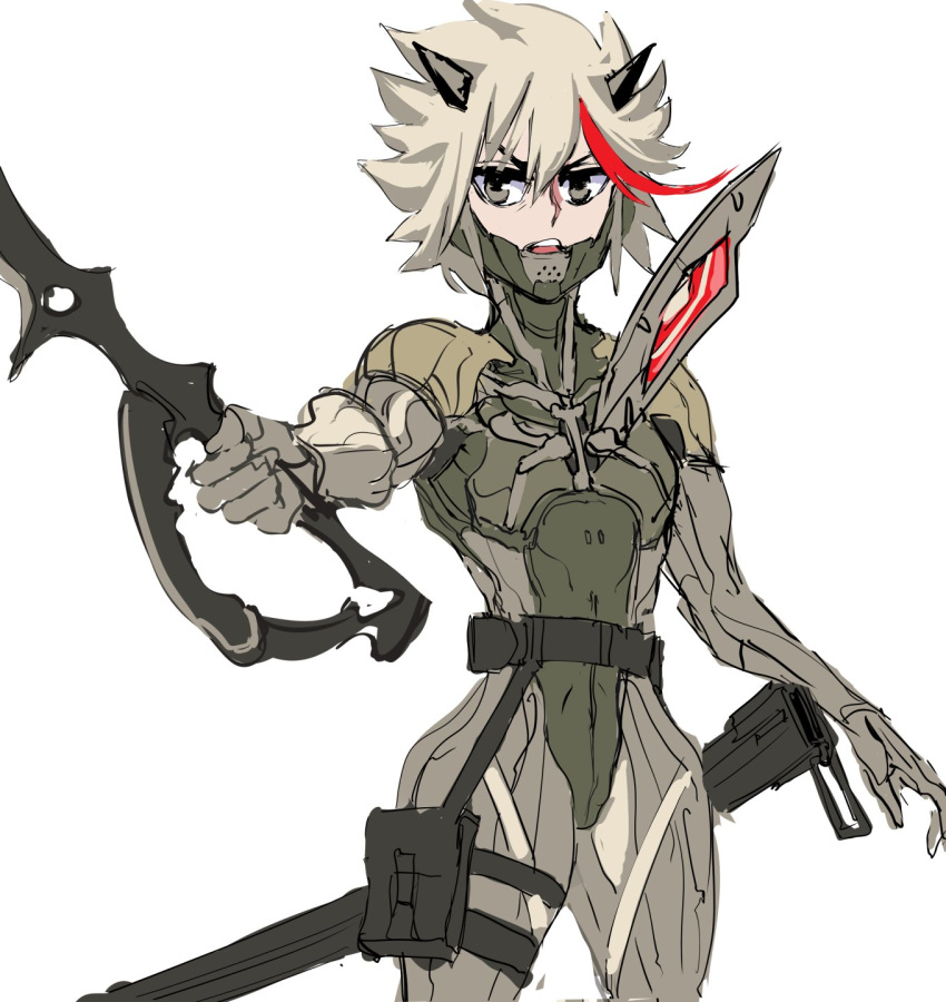 1girl belt blonde_hair brown_eyes collarbone cosplay grey_background hair_between_eyes highres holding holding_sword holding_weapon kill_la_kill maddoxfanx metal_gear_(series) metal_gear_solid_4 multicolored_hair open_mouth pouch raiden_(metal_gear) raiden_(metal_gear)_(cosplay) redhead scabbard scissor_blade senketsu sheath short_hair simple_background sketch solo streaked_hair sword teeth thigh_pouch thigh_strap tongue unsheathed weapon