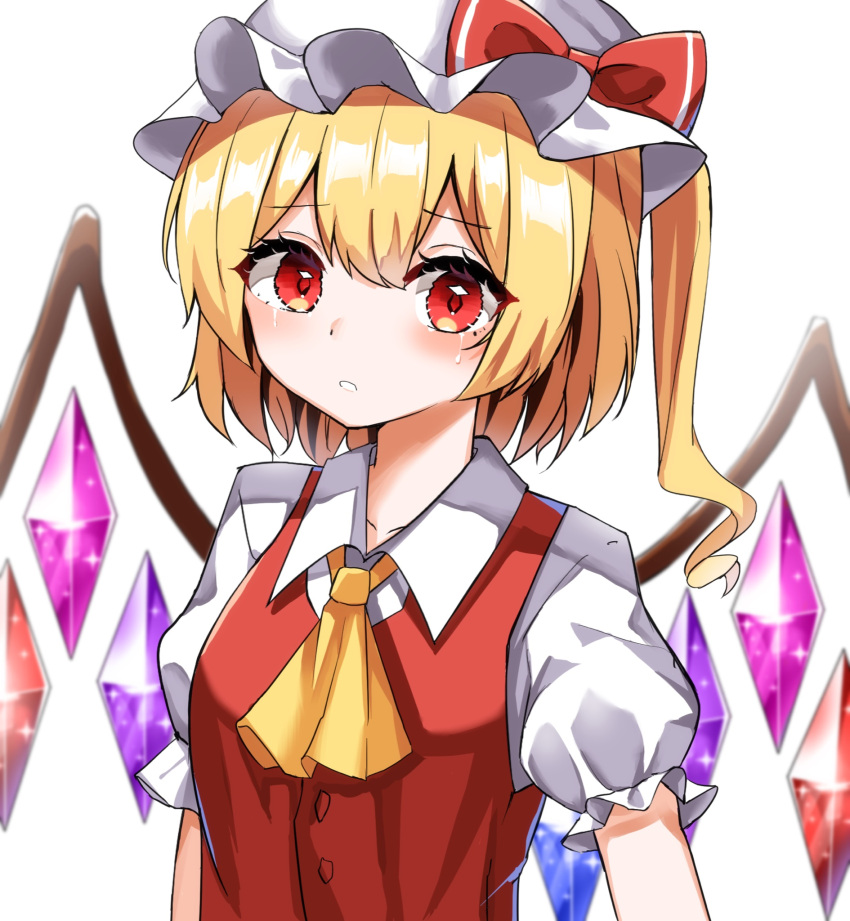 1girl ascot blonde_hair blush bow crying crystal flandre_scarlet frilled_shirt frilled_shirt_collar frilled_skirt frilled_sleeves frills hat hat_ribbon highres kiui_(dagk8254) medium_hair mob_cap puffy_short_sleeves puffy_sleeves red_bow red_eyes red_ribbon red_vest ribbon shirt short_hair short_sleeves simple_background skirt solo tears touhou vest wings yellow_ascot
