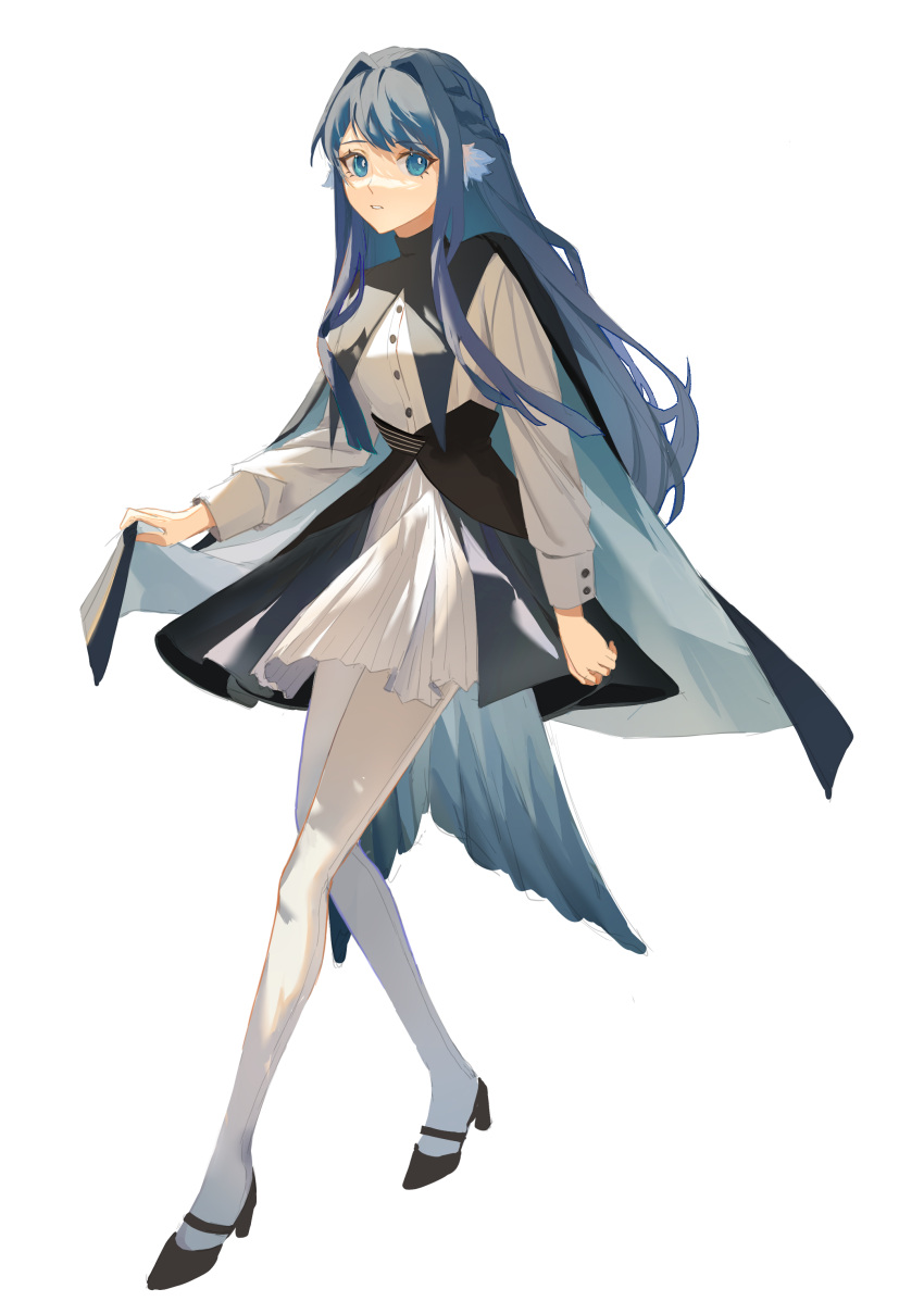 1girl absurdres alternate_costume animal_ears arknights astesia_(arknights) bird_ears bird_tail blue_eyes bright_pupils buttons cape full_body high_heels highres holding holding_cape holding_clothes long_hair looking_up luze pantyhose parted_lips shirt skirt solo standing tail walking white_legwear white_pupils white_shirt