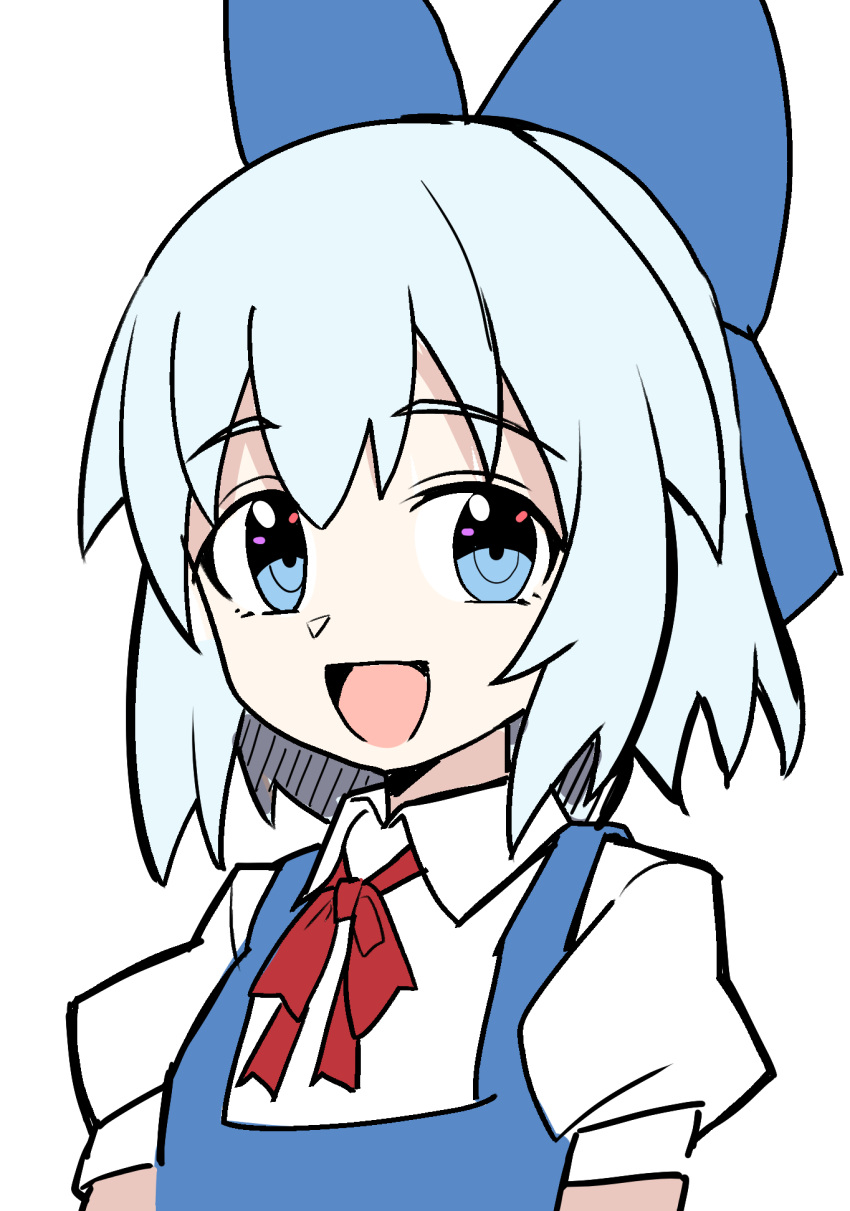 1girl bangs blue_bow blue_dress blue_eyes blue_hair bow bowtie cirno collared_shirt commentary_request dress e.o. eyebrows_visible_through_hair hair_between_eyes highres looking_to_the_side no_wings open_mouth puffy_short_sleeves puffy_sleeves red_bow red_bowtie shirt short_hair short_sleeves simple_background smile solo touhou upper_body white_background white_shirt