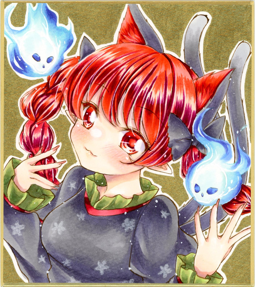 1girl :3 animal_ears blue_fire blush bow braid brown_background cat_ears cat_tail dress extra_ears eyebrows_visible_through_hair face fire flaming_skull floating_skull hair_bow hands_up highres hitodama juliet_sleeves kaenbyou_rin long_sleeves looking_at_viewer multiple_tails nekofish666 nekomata pointy_ears puffy_sleeves red_eyes redhead shikishi simple_background skull smile solo tail touhou traditional_media twin_braids twintails two_tails upper_body