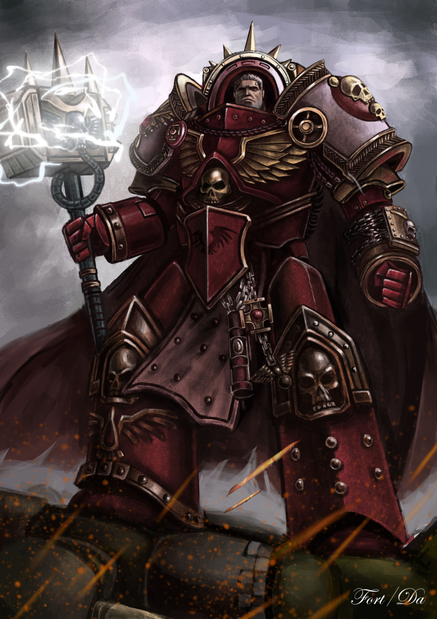 1boy absurdres adeptus_astartes armor blonde_hair cape closed_mouth gauntlets hammer highres holding holding_weapon moonface pauldrons power_armor red_armor red_cape short_hair shoulder_armor skull sky solo war_hammer warhammer_40k weapon