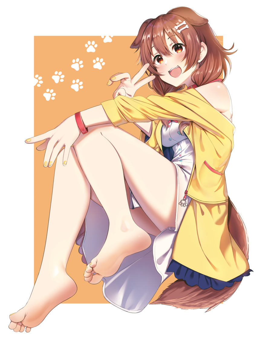 1girl :d animal_collar animal_ears bangs bare_legs bare_shoulders barefoot blush bone_hair_ornament border breasts brown_eyes brown_hair cartoon_bone casino_(casinoep) collar commentary_request dog_ears dog_girl dog_tail dress extra_ears eyebrows_visible_through_hair feet frilled_jacket frills full_body greek_toe hair_between_eyes hair_ornament highres hololive inugami_korone jacket knees_together_feet_apart legs long_hair medium_breasts nail_polish non-web_source off_shoulder open_clothes open_jacket open_mouth paw_print shiny shiny_skin sleeveless sleeveless_dress smile soles solo tail toenail_polish toenails toes v virtual_youtuber white_border white_dress yellow_jacket yellow_nails