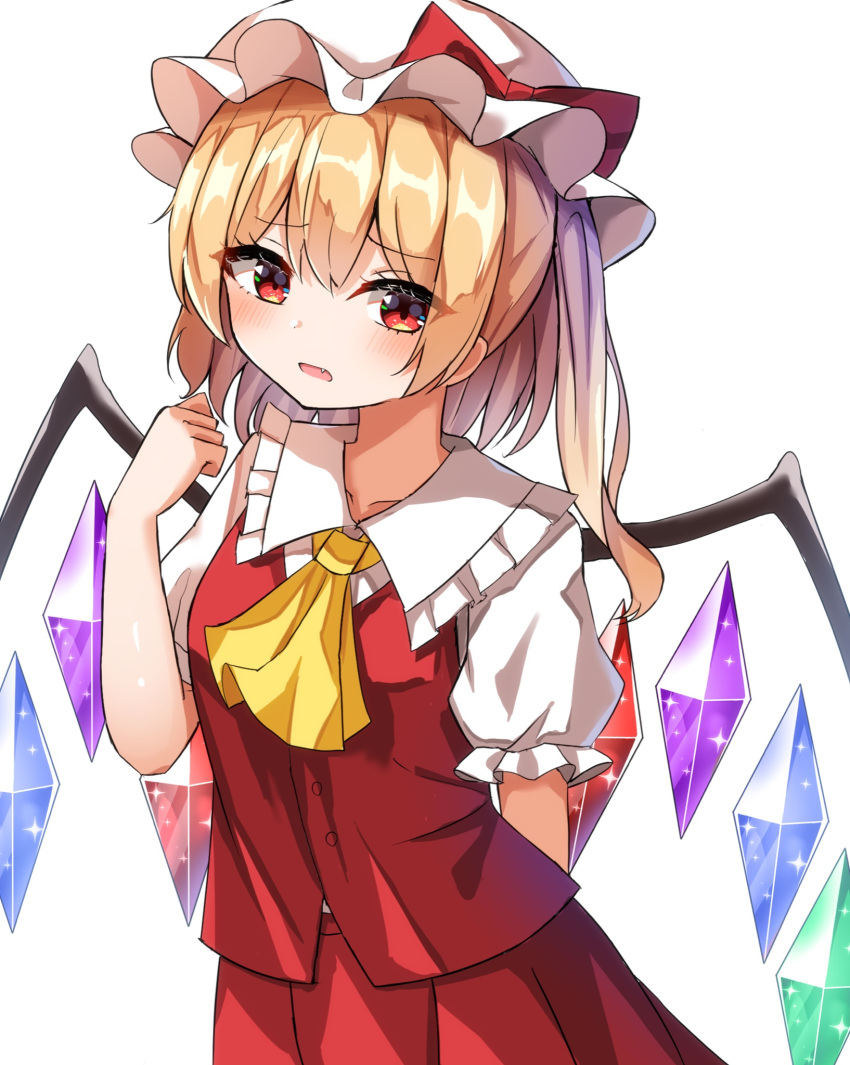 1girl blonde_hair blush bow crystal flandre_scarlet frilled_shirt frilled_skirt frilled_sleeves frills gem hat hat_ribbon highres kiui_(dagk8254) long_hair looking_at_viewer looking_to_the_side mob_cap puffy_sleeves red_bow red_eyes red_ribbon red_vest ribbon shirt short_hair short_sleeves side_ponytail simple_background skirt solo touhou vest wings