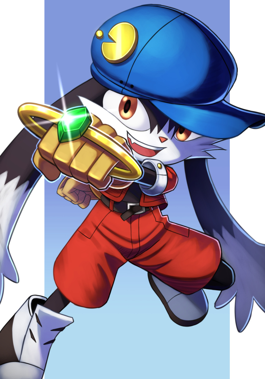 1boy :d absurdres belt border english_commentary fang full_body furry furry_male gem gloves hair_between_eyes hat highres holding jewelry kaze_no_klonoa klonoa knee_up legs_apart looking_at_viewer low_twintails lower_teeth male_focus open_mouth orange_eyes pac-man pin red_shorts ring shadow shorts silverchariotx simple_background smile solo teeth twintails two-tone_background upper_teeth white_border yellow_gloves