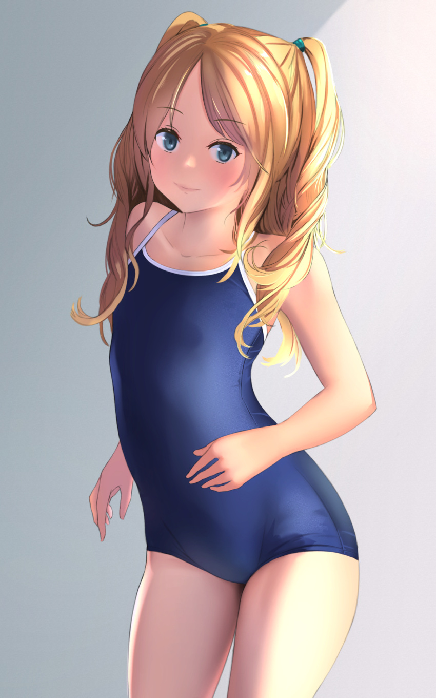 1girl blonde_hair blue_eyes blue_swimsuit breasts competition_school_swimsuit eyebrows eyebrows_visible_through_hair grey_background highres long_hair looking_at_viewer one-piece_swimsuit original school_swimsuit simple_background small_breasts smile solo swimsuit thighs two_side_up yubata