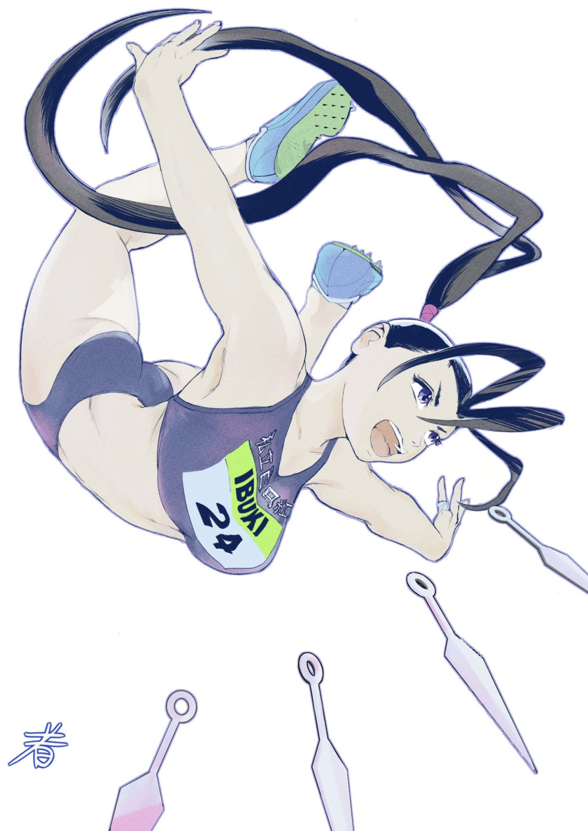 1girl antenna_hair ass black_hair breasts buruma character_name high_ponytail highres hiroshi_mono ibuki_(street_fighter) kunai long_hair medium_breasts midriff ninja official_alternate_costume open_mouth ponytail shoes shorts solo sports_bikini sports_bra street_fighter street_fighter_v track_and_field track_uniform violet_eyes weapon