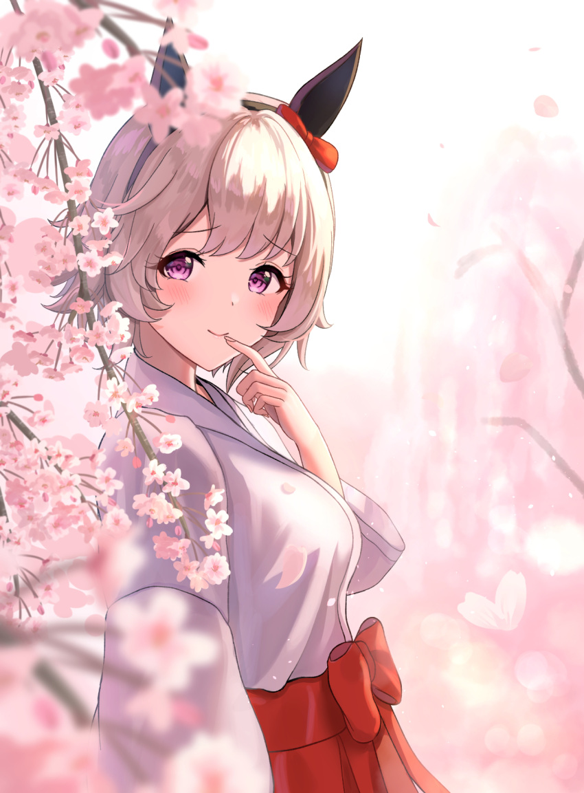 1girl alternate_costume animal_ears blush cherry_blossoms commentary_request curren_chan_(umamusume) finger_to_mouth hair_ornament headband highres horse_ears horse_girl japanese_clothes kashmir_0808 looking_at_viewer miko short_hair simple_background smile solo umamusume violet_eyes