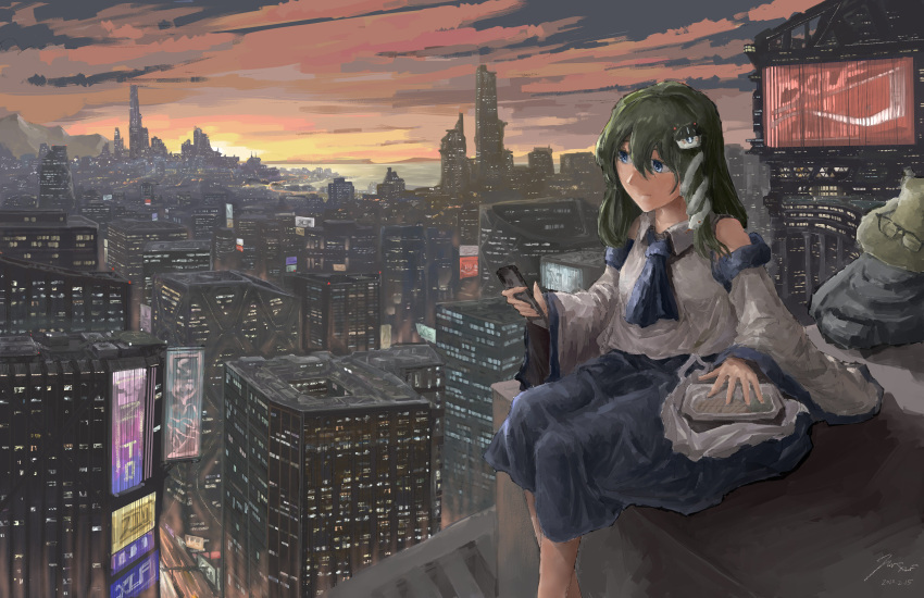 1girl :| absurdres ascot bag bento blue_ascot blue_eyes blue_skirt building city cityscape closed_mouth clouds collared_shirt commentary dated dated_commentary detached_sleeves eyebrows_behind_hair feet_out_of_frame frog_hair_ornament glasses green_hair hair_between_eyes hair_ornament hat highres holding holding_phone kochiya_sanae long_hair looking_at_phone mountain ocean phone plastic_bag rock scenery shirt sign signature skirt sky skyscraper snake snake_hair_ornament solo sunset touhou water white_shirt white_sleeves wide_sleeves window xlf