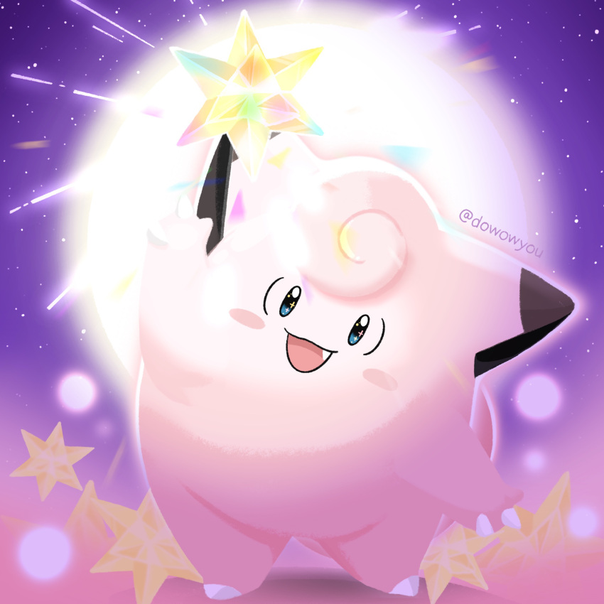 :d arm_up black_eyes blush_stickers clefairy commentary_request fang full_body head_tilt highres korean_commentary looking_at_viewer no_humans open_mouth pokemon pokemon_(creature) smile solo sparkling_eyes tongue wowyou