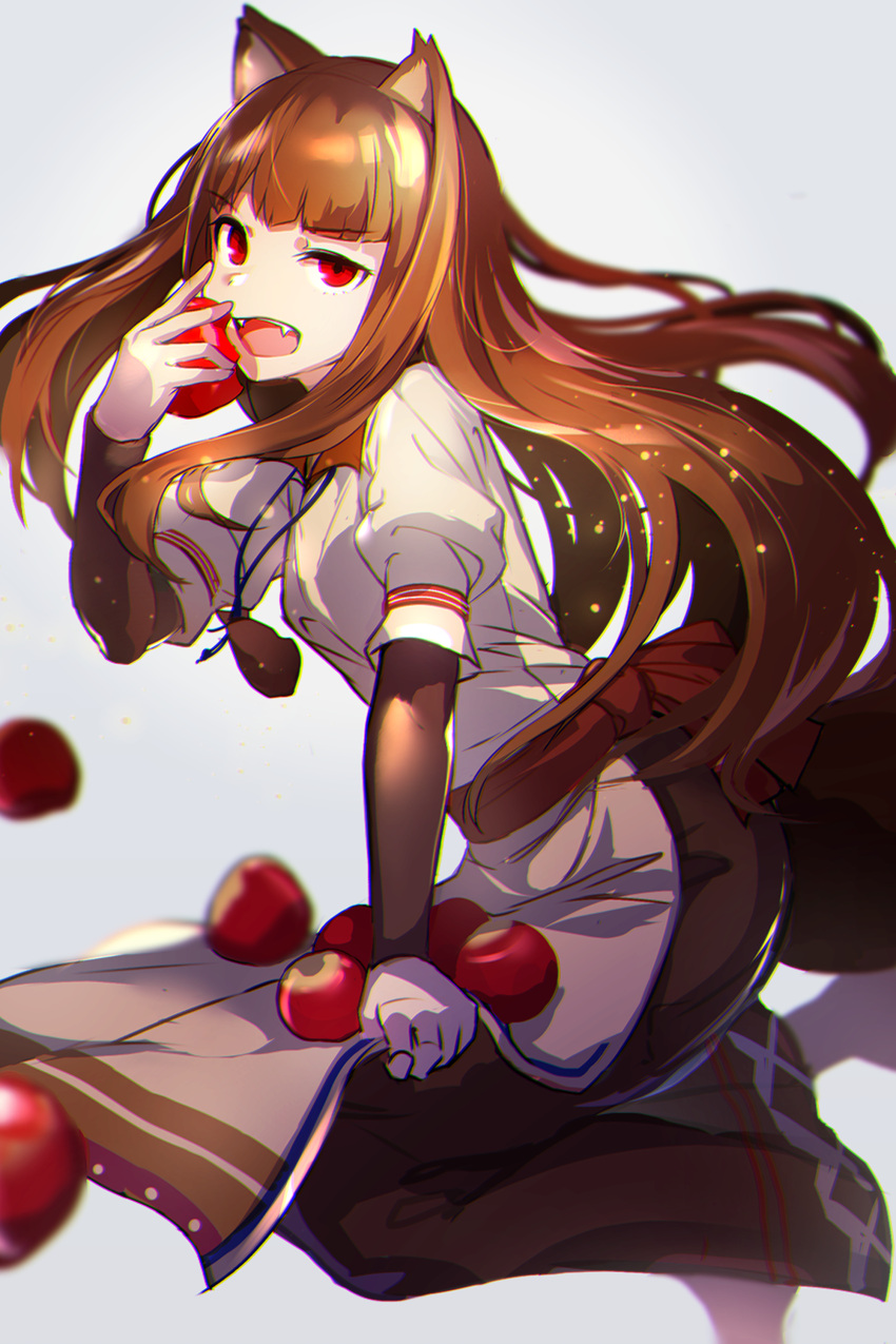 1girl absurdres alicecoco animal_ears apple breasts brown_hair eyebrows_visible_through_hair fang food fruit highres holding holo long_hair open_mouth orange_hair puffy_sleeves red_eyes smile solo spice_and_wolf tail white_background wolf_ears wolf_girl wolf_tail