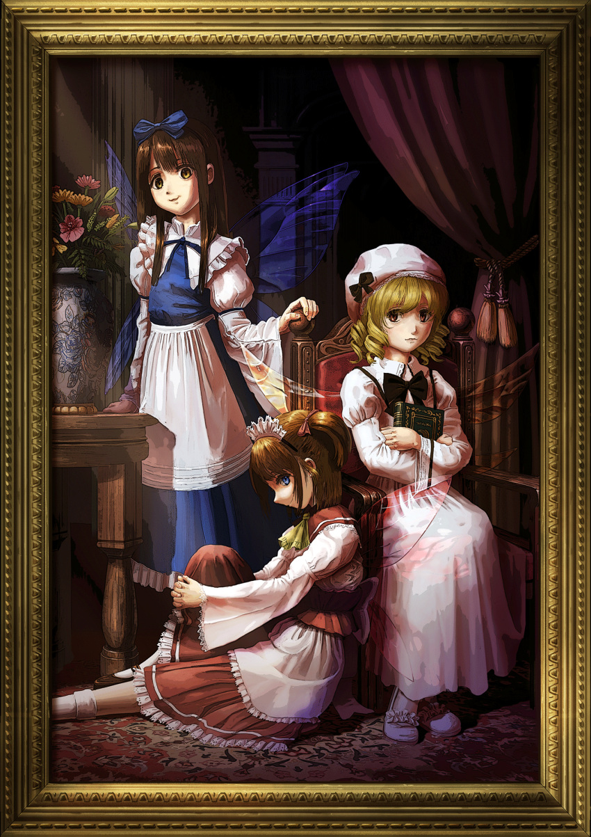 3girls :| apron armchair ascot birijian black_bow black_bowtie blonde_hair blouse blue_bow blue_dress blue_eyes book bow bowtie brown_hair capelet chair closed_mouth commentary curtains dress drill_hair eyebrows_behind_hair fairy_wings flower framed frilled_dress frilled_skirt frills full_body hair_bow hat hat_bow highres holding holding_book hugging_own_legs indoors interlocked_fingers leaf light_rays long_hair long_sleeves looking_at_viewer luna_child maid_headdress medium_hair multiple_girls on_chair on_ground orange_eyes orange_flower own_hands_together pillar red_bow red_capelet red_flower red_skirt short_twintails sitting skirt smile socks standing star_sapphire sunny_milk table touhou twintails vase waist_apron waist_bow white_apron white_blouse white_dress white_headwear white_legwear wide_sleeves wings wooden_table yellow_ascot yellow_eyes