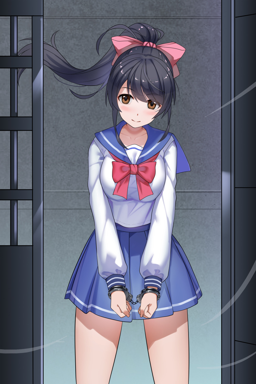 1girl absurdres black_hair bow brown_eyes character_request clenched_hands collarbone commentary_request copyright_request cuffs dress eyebrows_visible_through_hair haimei1980 hair_bow handcuffs highres long_hair looking_at_viewer ponytail prison_cell sailor_collar sailor_dress sailor_shirt shirt smile solo standing