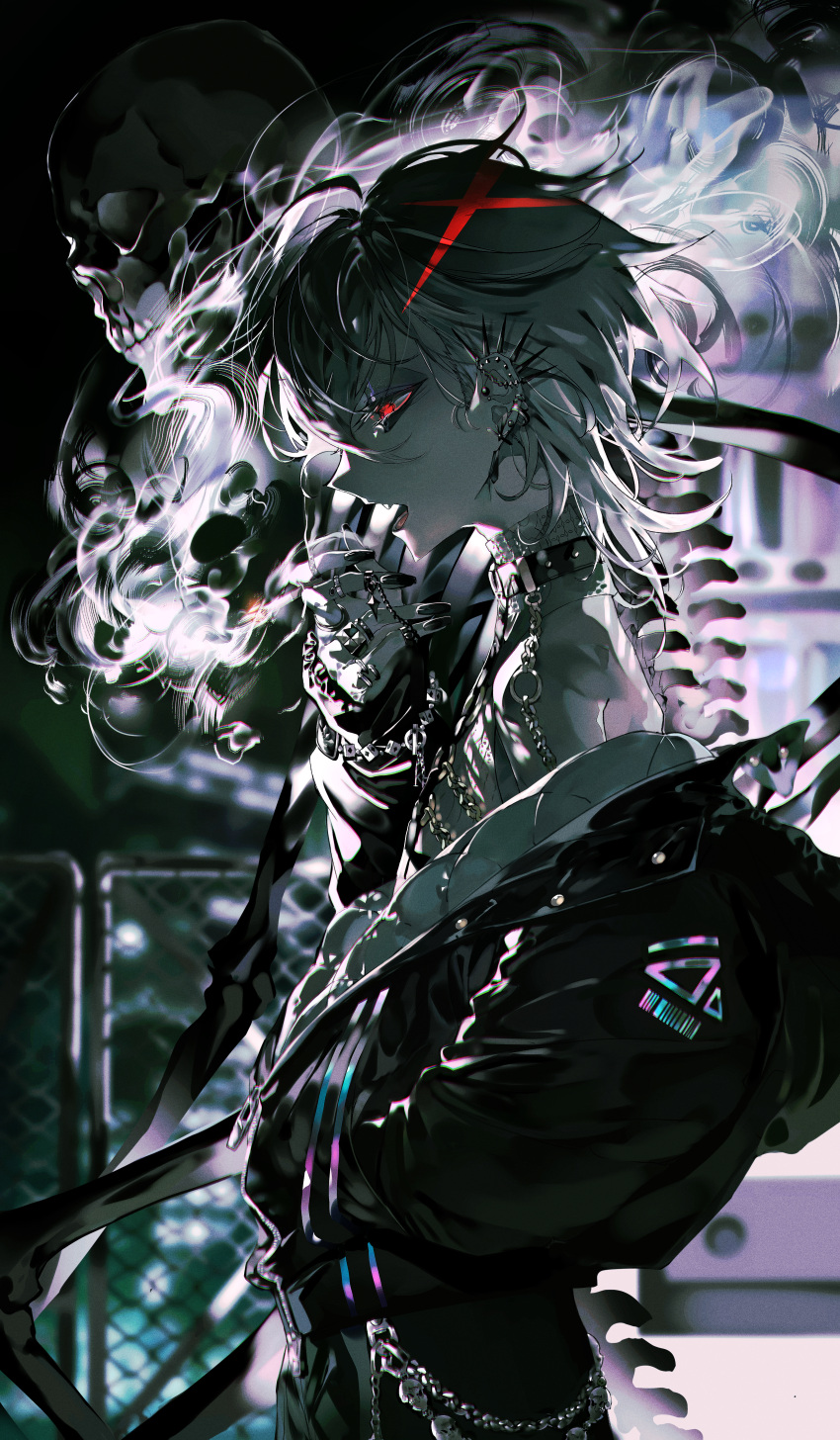 1boy absurdres chain cigarette collar ear_piercing from_side grey_hair hand_in_pocket hand_up highres holding holding_cigarette jewelry multiple_rings mura_karuki off_shoulder original piercing red_eyes ring skull smoke smoking solo spine upper_body